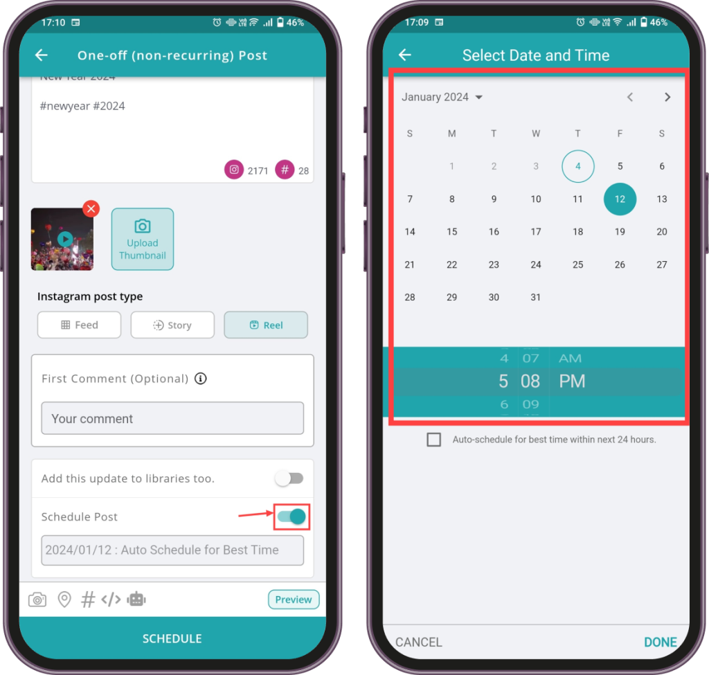 Activate schedule toggle and set the date and time.