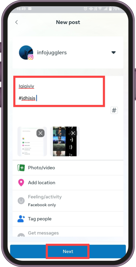Add hashtags and click on next.