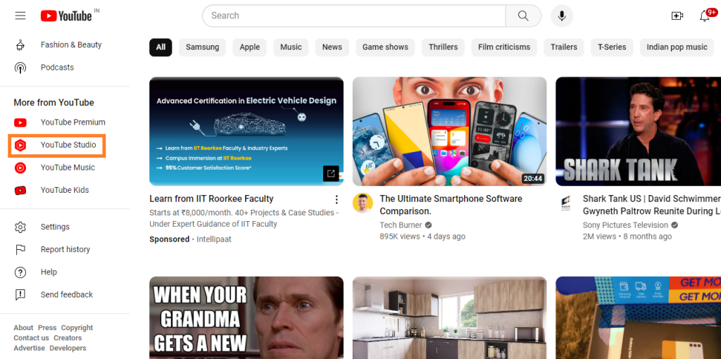 Click on YouTube Studio.