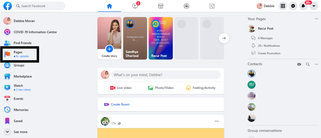 Open Facebook and Navigate to Pages