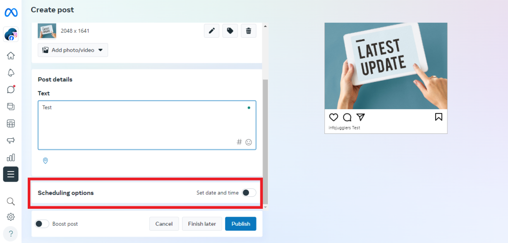 Select Schedule options to toggle it on.