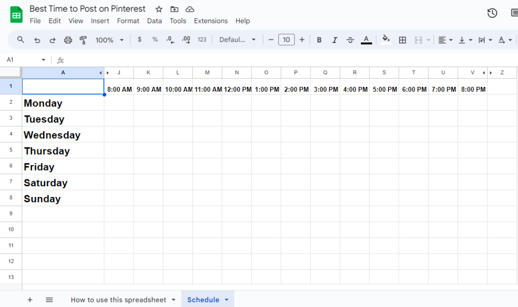 Spreadsheet representing days of the week and hours of the day.