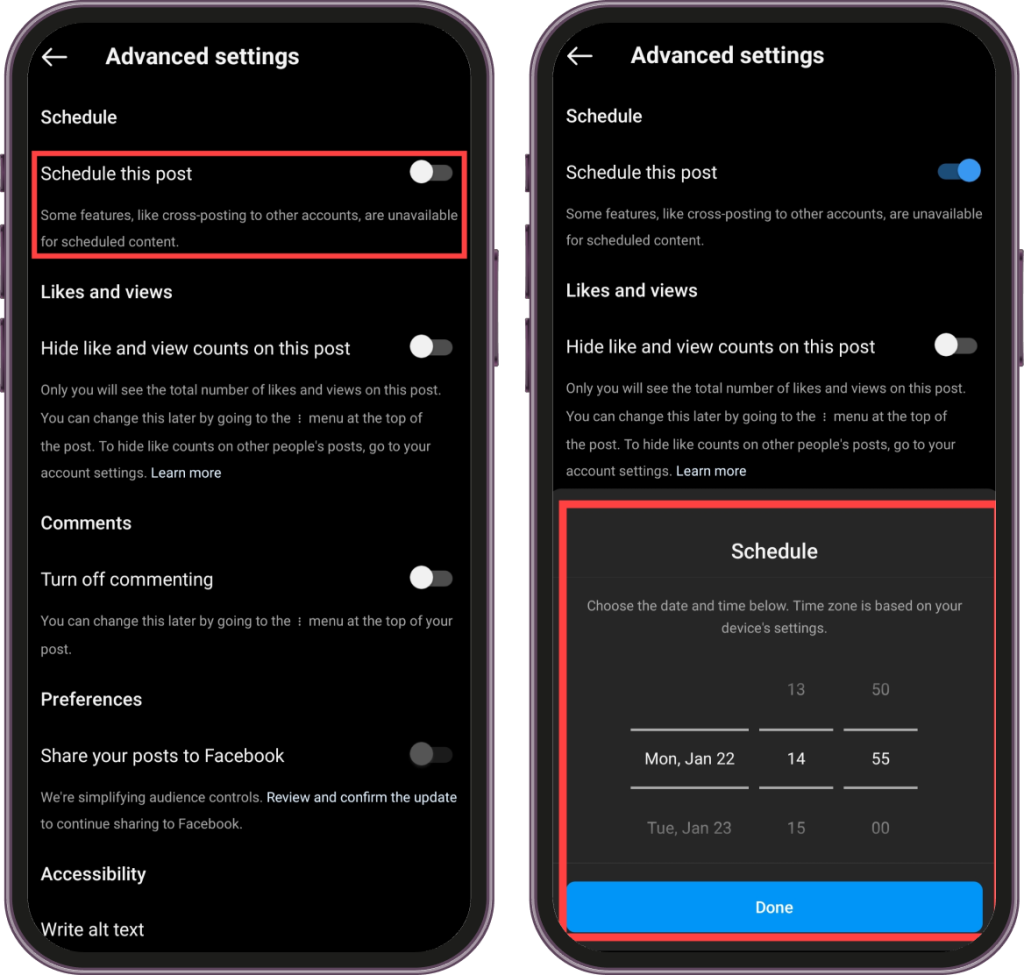 Toggle on the schedule this post button and select date/time.
